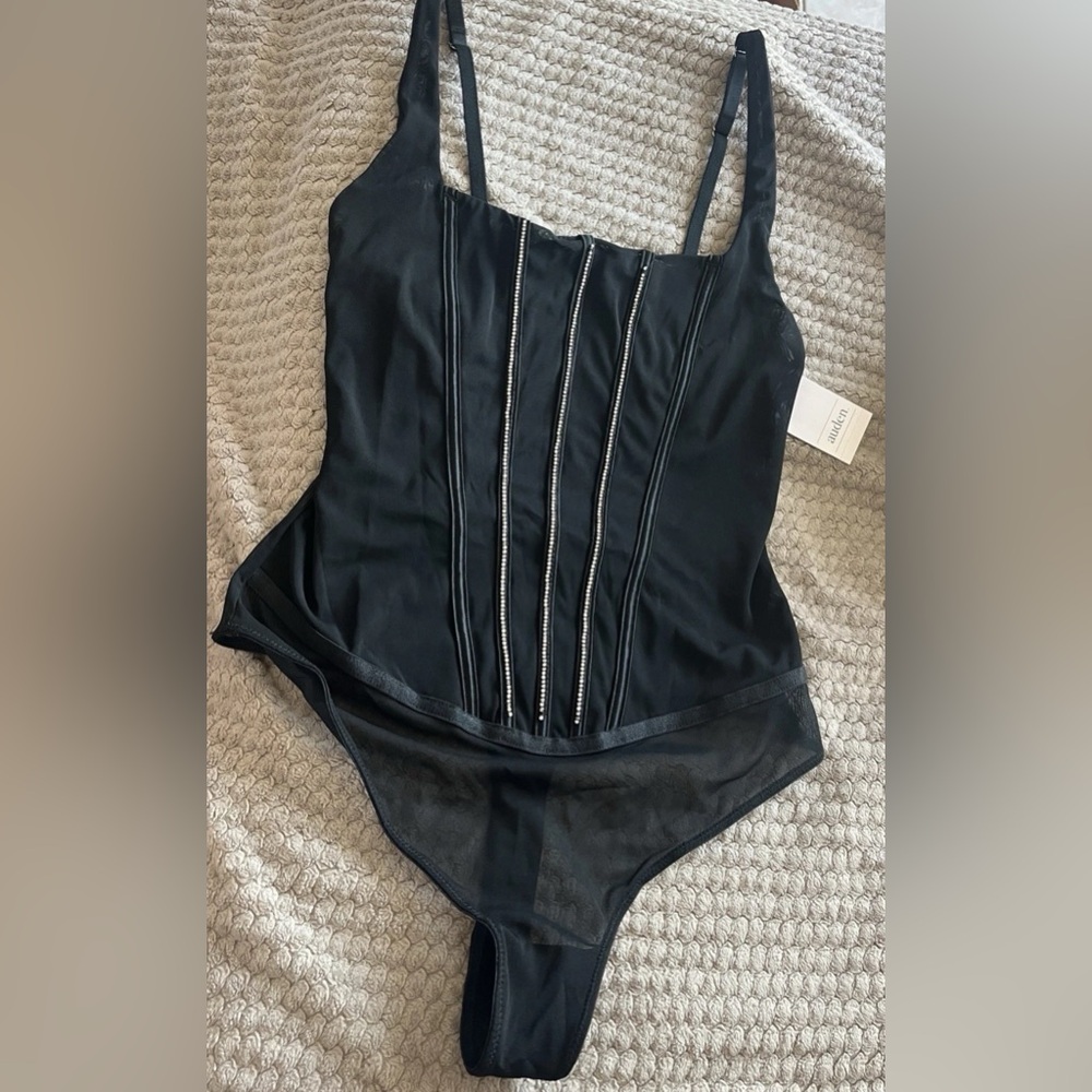 Auden size Small Black Lingerie Bodysuit Thong Rhinestones Bling Mesh Sheer Bra